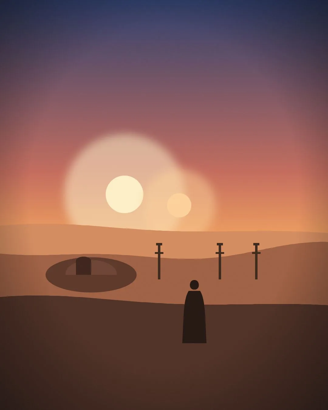 Binary sunset over the homestead — wide view