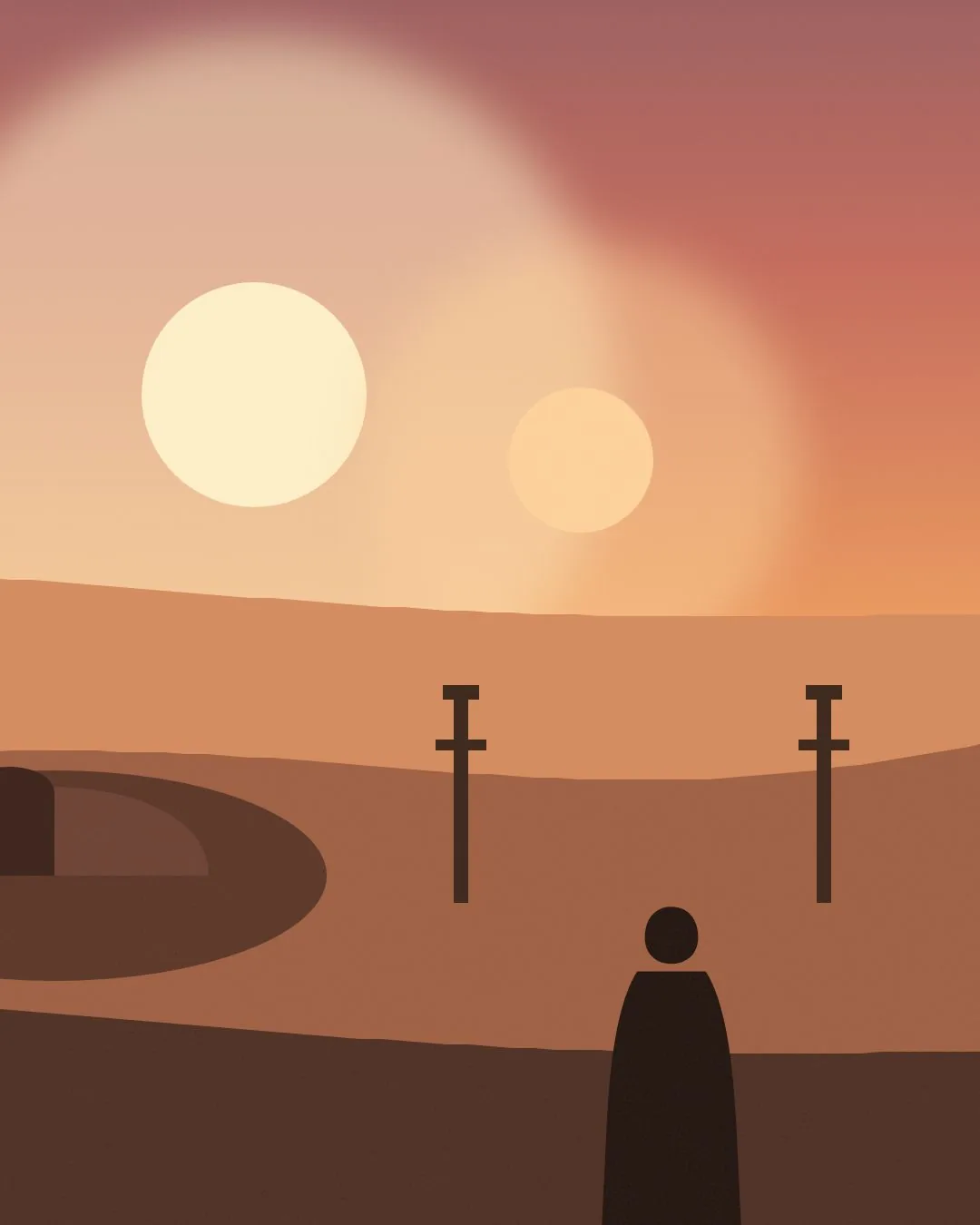 Binary sunset over the homestead — close-up