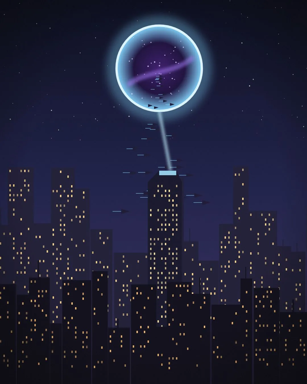 The portal opens over Manhattan — wide view