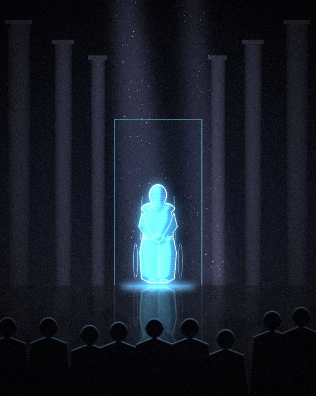 Seldon appears in the Time Vault — wide view